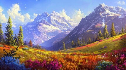 A colorful mountain meadow in paradise with a backdrop of snow-capped peaks