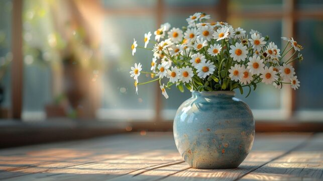 A beautiful arrangement of feverfew flowers in a ceramic vase, creating a cozy and inviting atmosphere in a stylish interior.