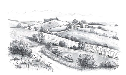 Fototapeta premium Simple pencil drawing of a tranquil farm nestled in rolling hills, with typography elements integrated into the landscape for a vintage poster design