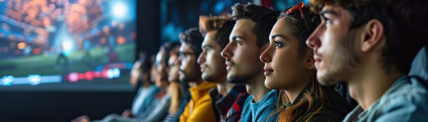 Obraz premium A group of friends watching a sports game on a large screen in HD