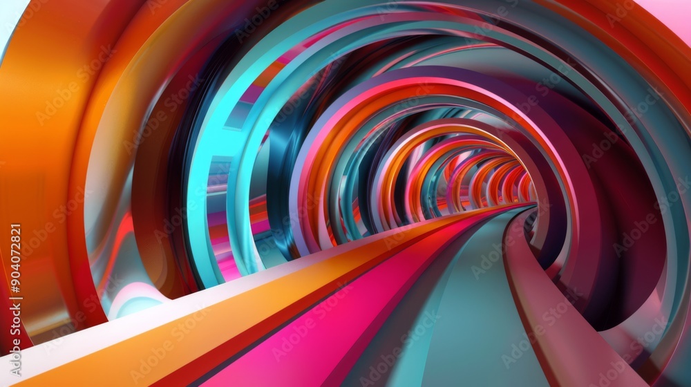 Poster an abstract 3d tunnel with vibrant colors and a sense of motion.