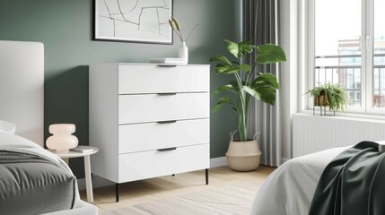 A sleek white chest of drawers, placed in a modern bedroom setting