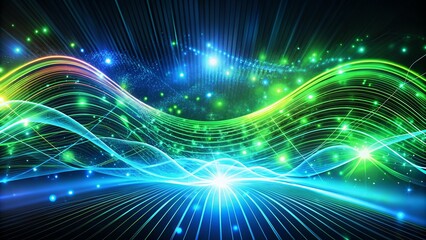 Obraz premium Background features a mesmerizing flow of green and blue neon waves, reminiscent of a high-speed digital highway, perfect for adding a touch of futuristic energy to your designs.