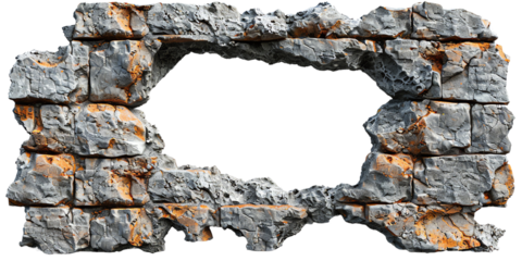 Cracked stone wall with large hole in the center, revealing black background. Rough texture, weathered appearance, and exposed bricks.
