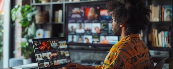 A person at a desk with a laptop browsing through streaming service subscriptions
