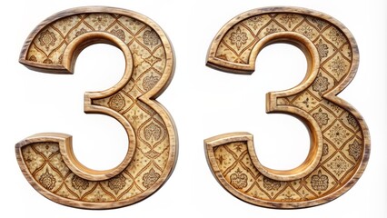 Three ornate, modern, and distressed Arabic numeral three font styles in wooden textures, isolated on a clean white background, in 3D.