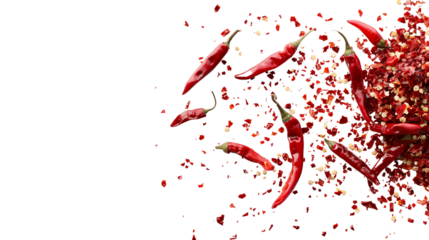 Vibrant red chili peppers and crushed chili flakes on a black background, perfect for culinary, spice, and cooking themes.