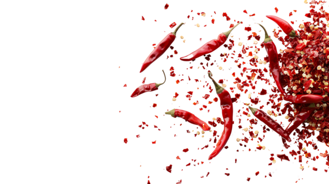 Vibrant red chili peppers and crushed chili flakes on a black background, perfect for culinary, spice, and cooking themes.