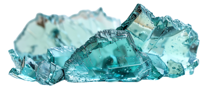 Close-up of blue-green glass-like crystal formations, showcasing their intricate structure and clarity, isolated on a white background.
