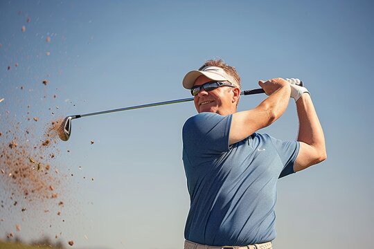 Golf Swing A middle-aged golfer swinging for the green. Just add type for the perfect golfing image.