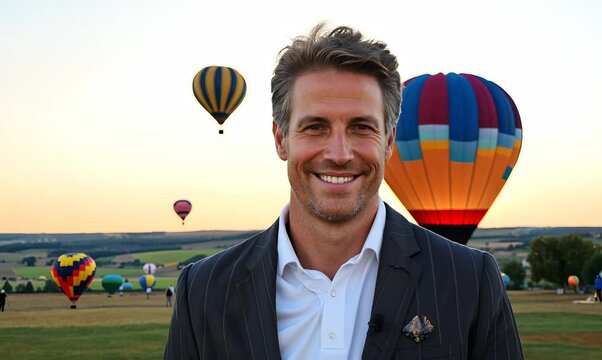 Group portrait video of a pleased man in his 40s wearing a classic blazer against a hot air balloon or skydiving background