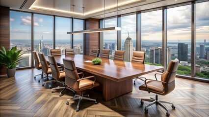 Modern, sleek, empty conference room with large wooden table, leather chairs, and stunning cityscape view through floor-to-ceiling windows.