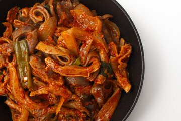 Stir-fried pork stomach seasoning on white background