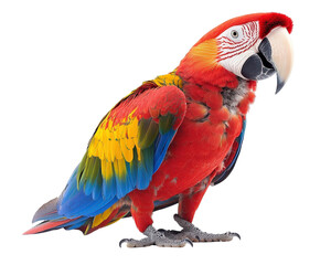 Obraz premium A colorful parrot is standing on a white background. The bird is yellow and blue, with a black beak. Concept of vibrancy and liveliness
