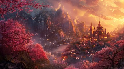 Fototapeta premium A beautiful town on a blooming mountain, glowing in heavenly light