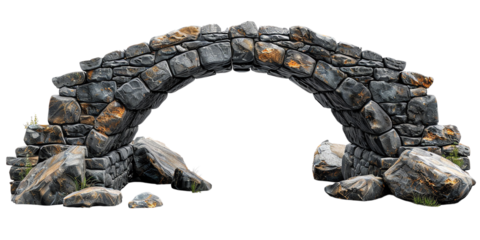 Historic stone arch bridge with weathered rocks, showcasing ancient architecture and craftsmanship against a white background.
