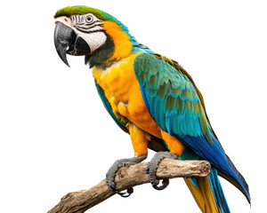 Fototapeta premium A colorful parrot is standing on a white background. The bird is yellow and blue, with a black beak. Concept of vibrancy and liveliness