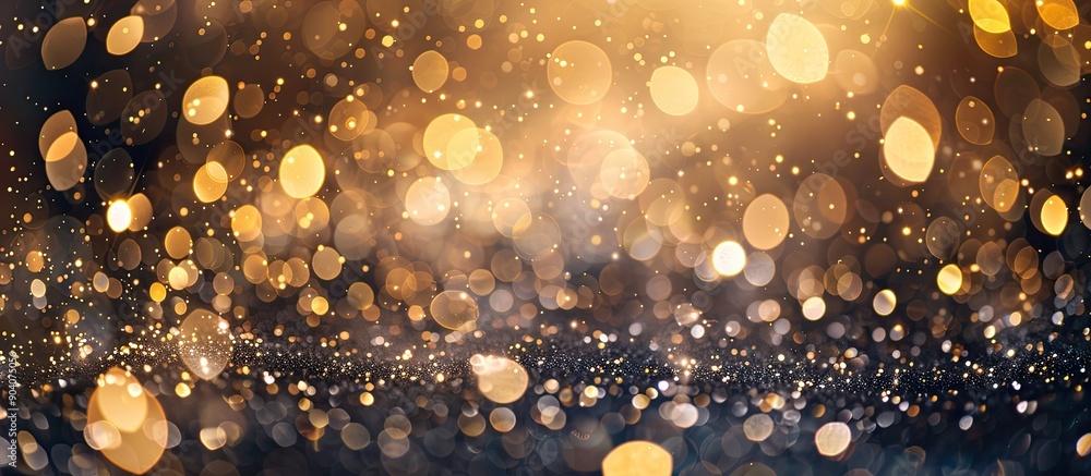 Poster close up view of blurred golden sparkles on a black backdrop ideal for festive backgrounds or projec