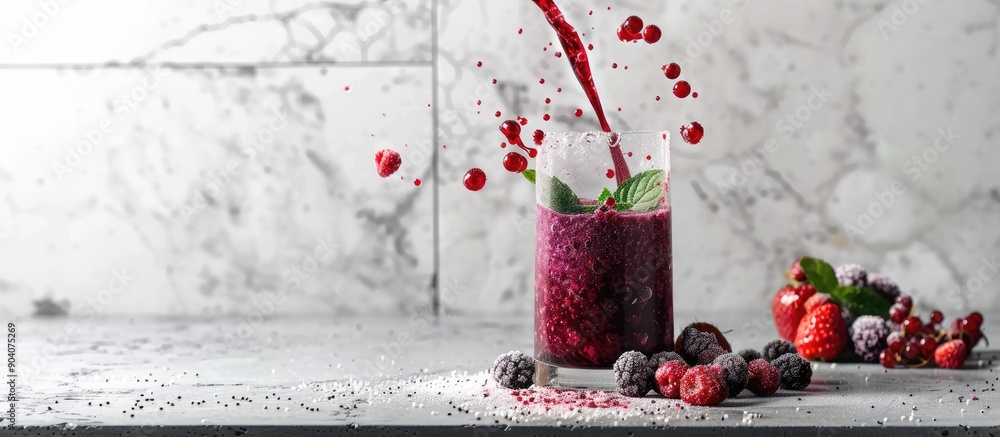 Poster berry smoothie being poured into a highball glass on a concrete countertop with a blank space for an