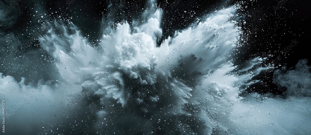 Poster Capture the stillness of a white powder burst against a dark background resembling an abstract white dust cloud suitable as a screensaver or wallpaper that includes copy space image representing a pl