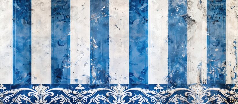 Blue and white striped pattern with intricate scroll work details on a decorative copy space image