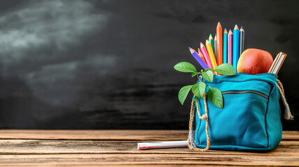 School Bag on The Table and School Blackboard b
Behind