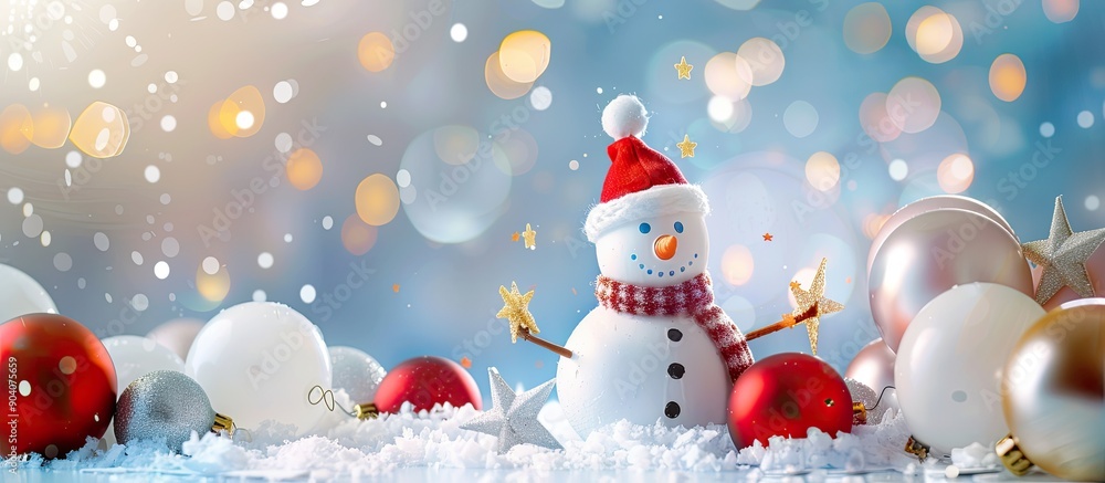 Poster snowman surrounded by balloons stars and bokeh on a white backdrop providing a festive copy space im
