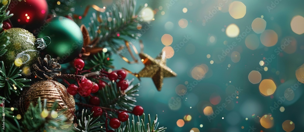 Aufkleber festive decorations for christmas and new year including fir branches ornaments berries confetti and