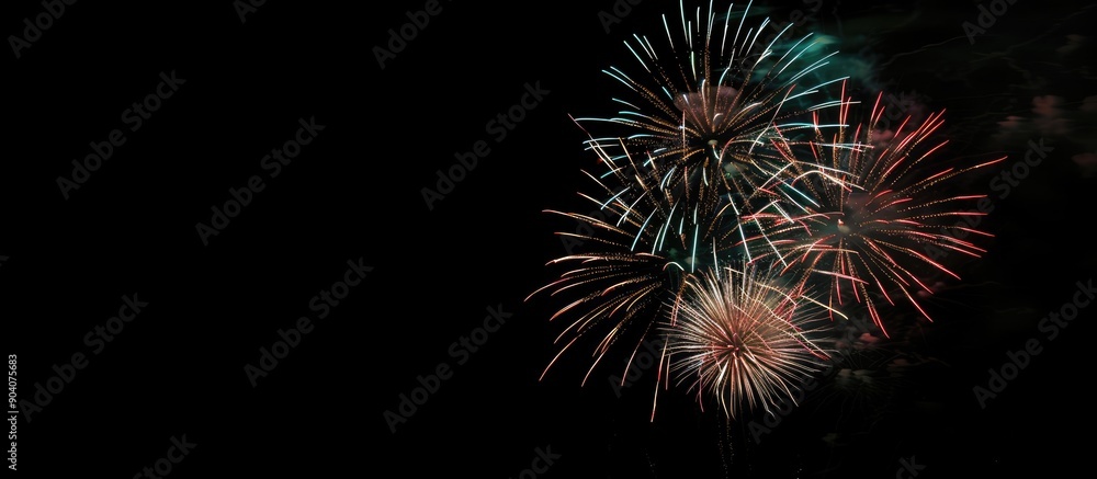 Poster Colorful fireworks illuminating the night sky with a mesmerizing display creating a stunning visual effect against a dark background in a copy space image