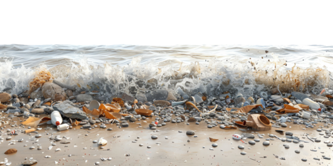 Polluted beach with plastic waste and debris washed ashore, illustrating environmental pollution and the need for cleanliness and conservation.