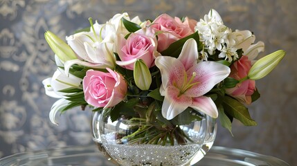 A beautiful arrangement of pink roses and white lilies, presented in a delicate glass vase with a subtle shimmer.