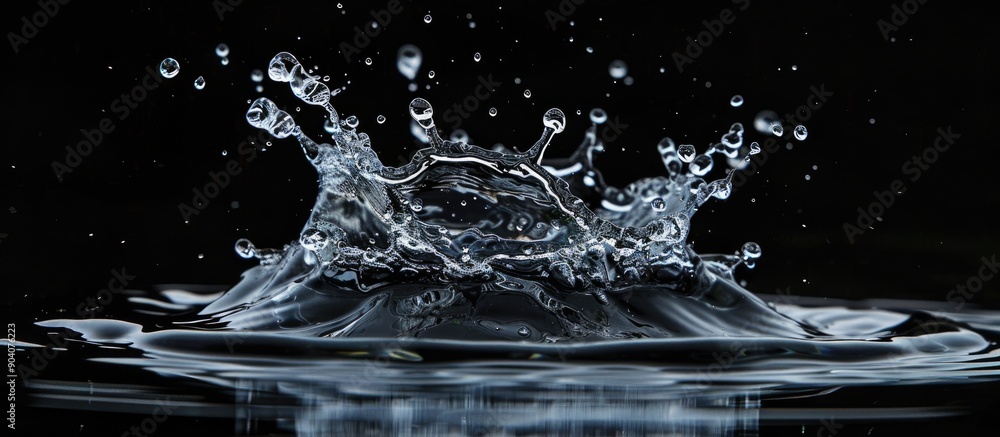 Poster Close up water splash with motion on black background offering free copy space image with selective focus