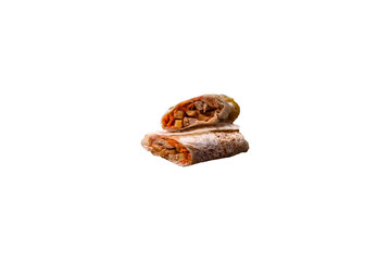 Delicious juicy roll or shawarma with chicken, tomatoes, salad and sauce