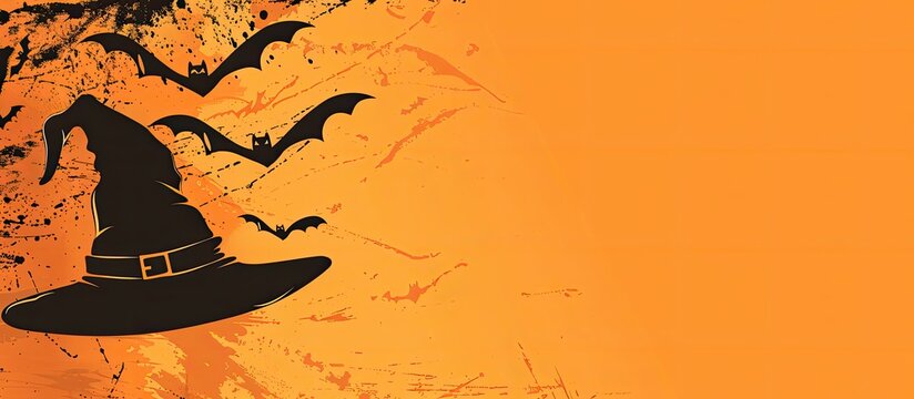 Postcard with Halloween theme featuring bats a witch hat and a banner on an orange background providing ample copy space for text or product display