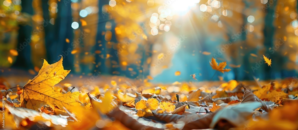 Wall mural Sunny autumn day in a forest with yellow dry leaves offering a beautiful macro bokeh background ideal for text with copy space image