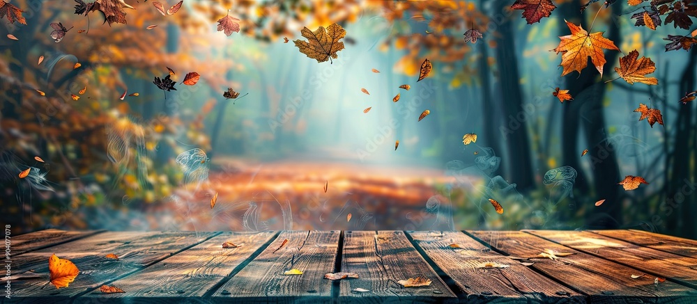 Aufkleber autumn background with a wooden table top surrounded by colorful leaves falling in a forest setting 