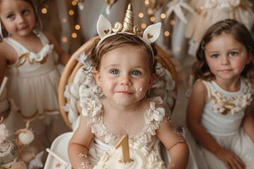 A birthday girl in a unicorn-themed dress celebrates her first birthday with a beautifully decorated cake, surrounded by friends and twinkling lights in a festive setting.