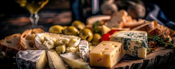 An assortment of gourmet cheeses, breads, and olives artfully arranged on a wooden platter, perfect for elegant gatherings and wine tastings.