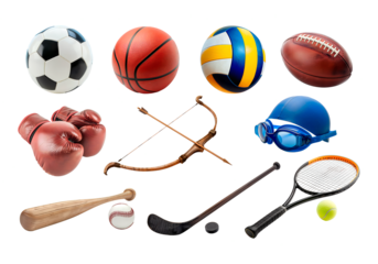 Set of sport equipment, isolated on transparent background. Ball for basketball, rugby, soccer, volleyball, baseball, boxing gloves, hockey, swimming cap, goggles, tennis racket, archery bow, arrow
