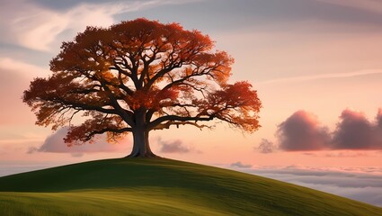 Obraz premium Majestic Tree on a Hill at Sunset 