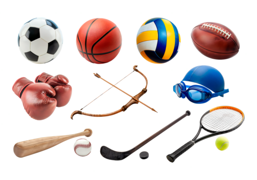 Set of sport equipment, isolated on transparent background. Ball for basketball, rugby, soccer, volleyball, baseball, boxing gloves, hockey, swimming cap, goggles, tennis racket, archery bow, arrow