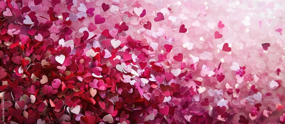 Poster festive backdrop with a colorful mix of hearts and confetti in magenta and white tones ideal for val