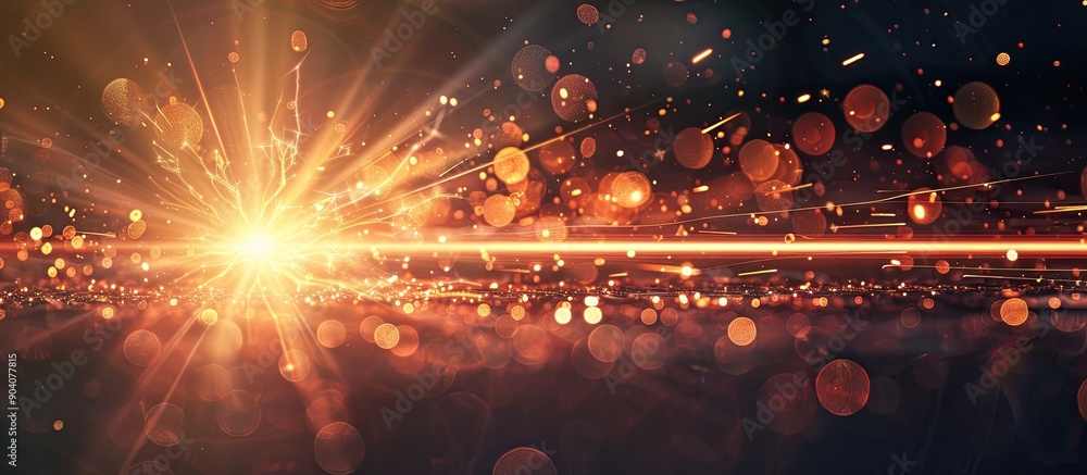Poster lens flare effect creating defocused rays and lights around a single spark on a black background wit
