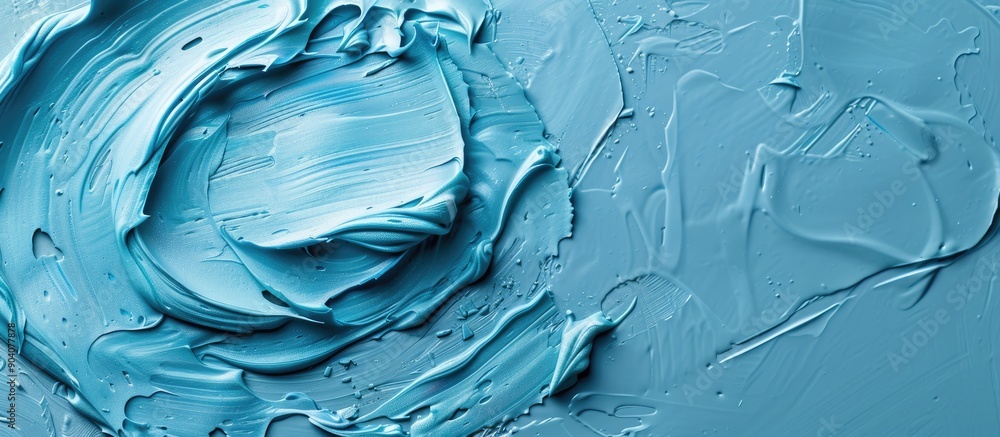 Poster Blue color in a creamy texture on a trendy cosmetic background with selective focus for a macro copy space image