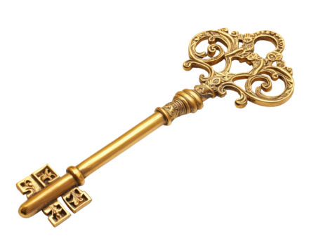 A gold key with a flower design on it