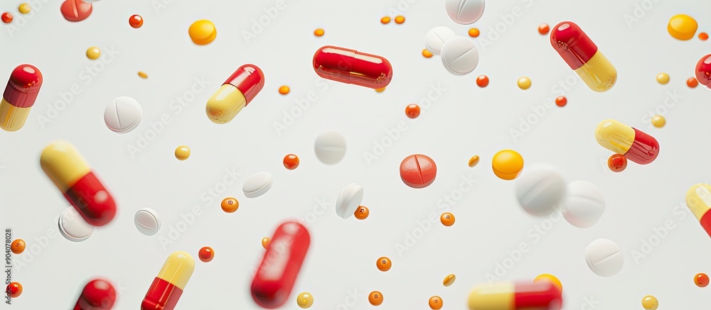 Poster various red white and yellow pills and capsules are displayed against a white backdrop with room for