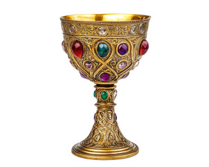 A gold cup with a colorful design and a blue gemstone in the middle