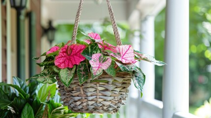 A beautifully arranged Caladium plant in a hanging basket, adding a touch of elegance to the porch.