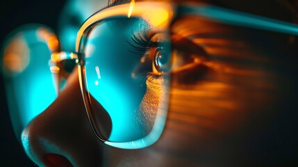 Close-up of a person wearing glasses with vibrant light reflections, showcasing focus and vision. Suitable for technology or future concepts.