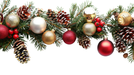 Christmas tree branches border garland on transparent background